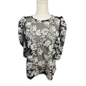ZARA floral tulle top, black blouse white floral lace sheer puff sleeves Medium